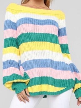 Fashion Nova Off-Shoulder Striped Sweater in Yellow, Pink, Blue, Green & White